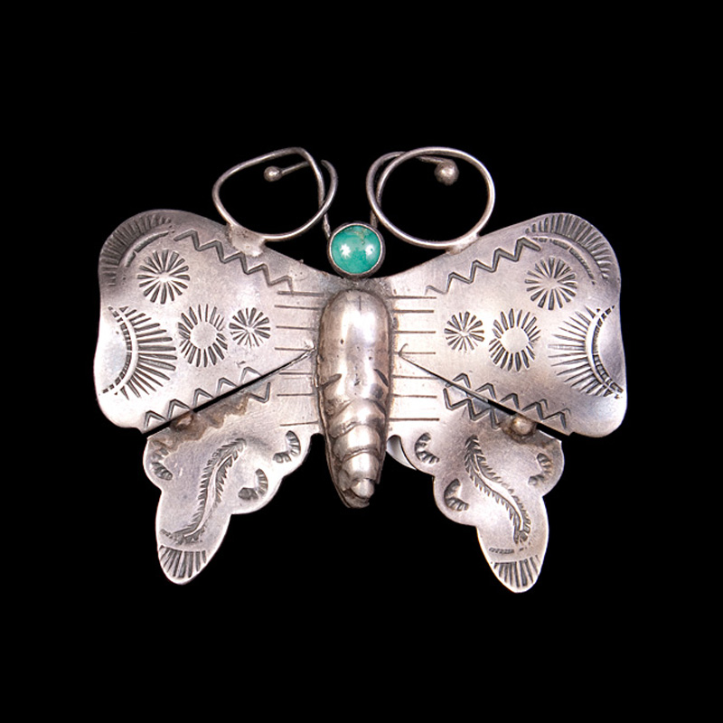 Navajo Vintage Sterling Silver Butterfly Brooch with Turquoise Head