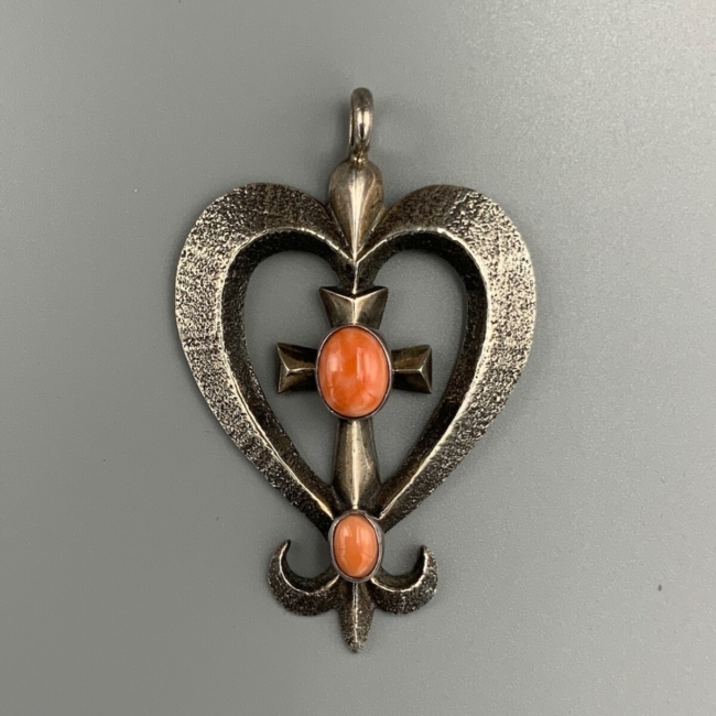 Navajo Tufa Cast and Angel Skin Coral Heart Pendant