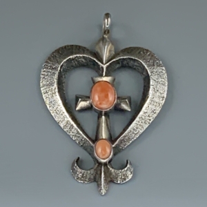 Navajo Tufa Cast and Angel Skin Coral Heart Pendant