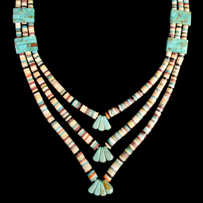 Santo Domingo 3-Strand Turquoise and Multi-Stone Handmade Corn Necklace by Rudy Coriz