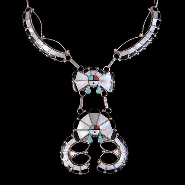 Zuni Sterling Silver and Inlaid Multi-Stone Sunface Necklace by Juan and Charlene Chico