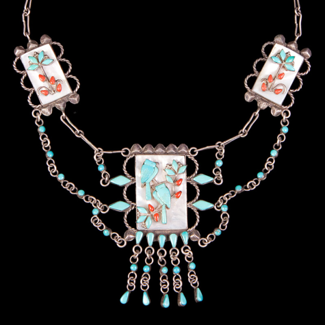 Zuni Vintage Sterling Silver, Mother of Pearl, Turquoise and Coral Bluebird Necklace