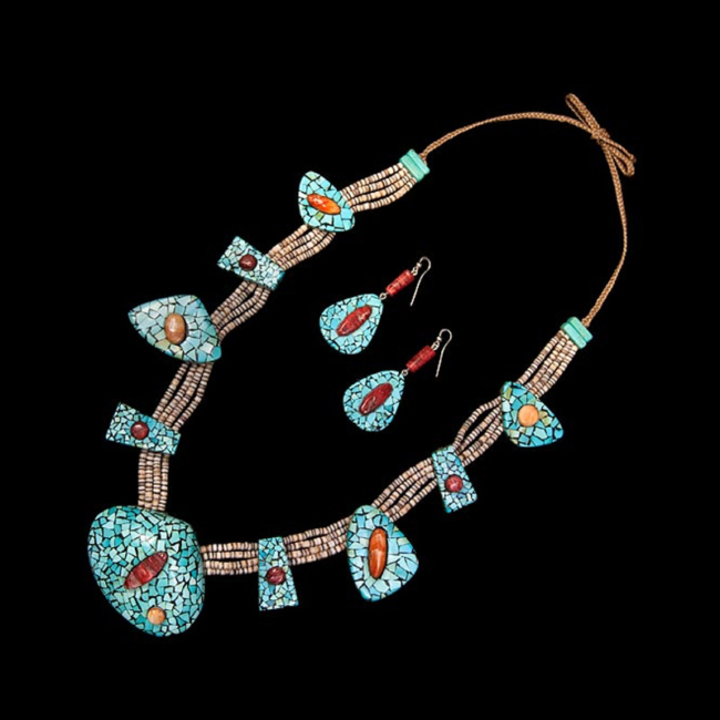 Santo Domingo (Kewa) Turquoise and Shell Necklace and Earrings Set by Rey Rosetta