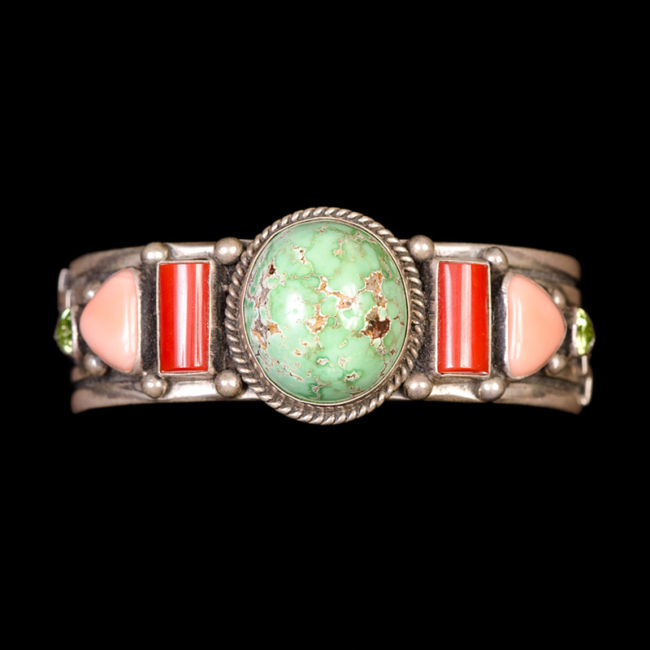 Sterling Silver, Carico Lake Turquoise and Coral Bracelet by Guy Hoskie